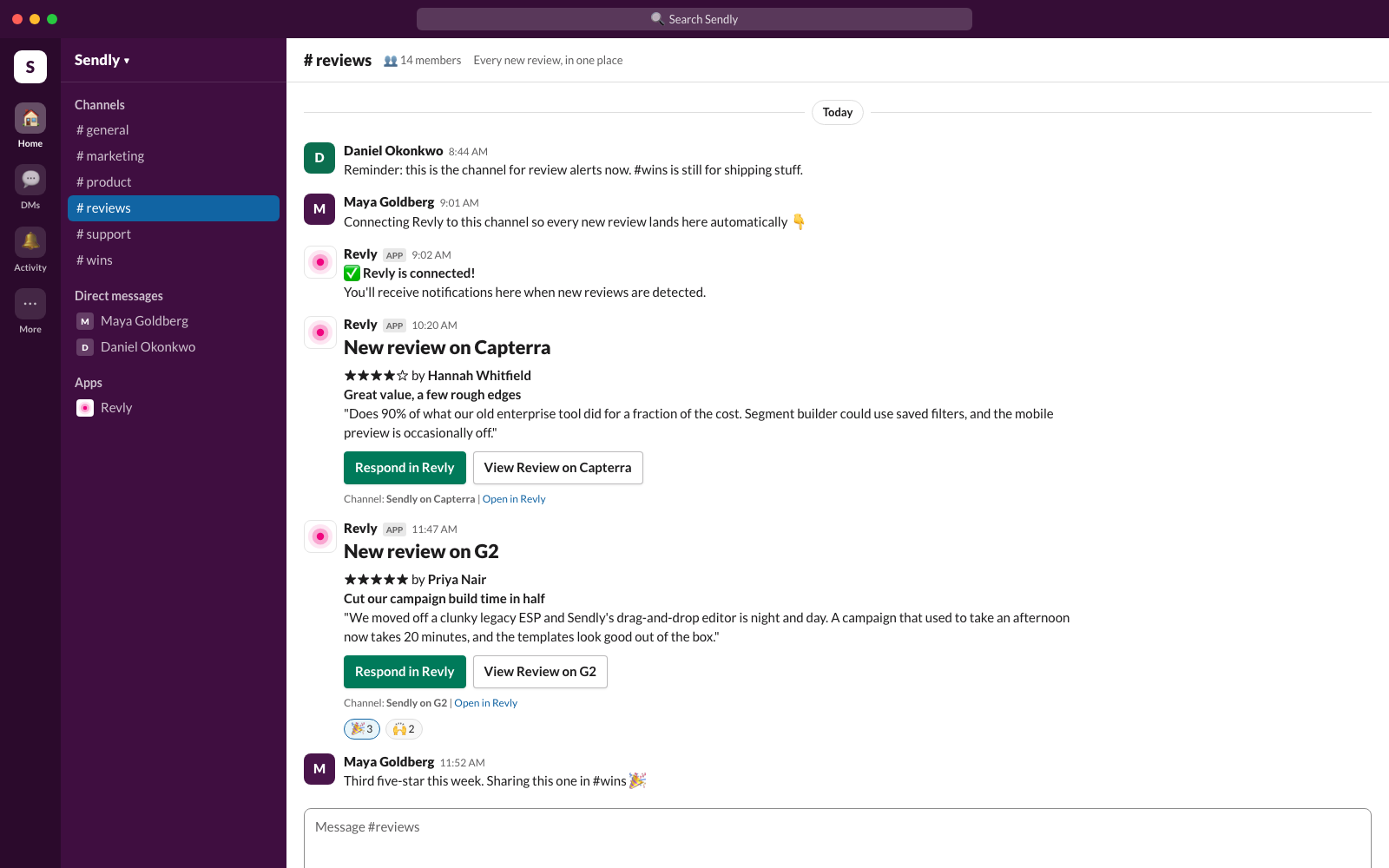 A Revly message in Slack announcing a new five-star G2 review, with Respond in Revly and View Review on G2 buttons