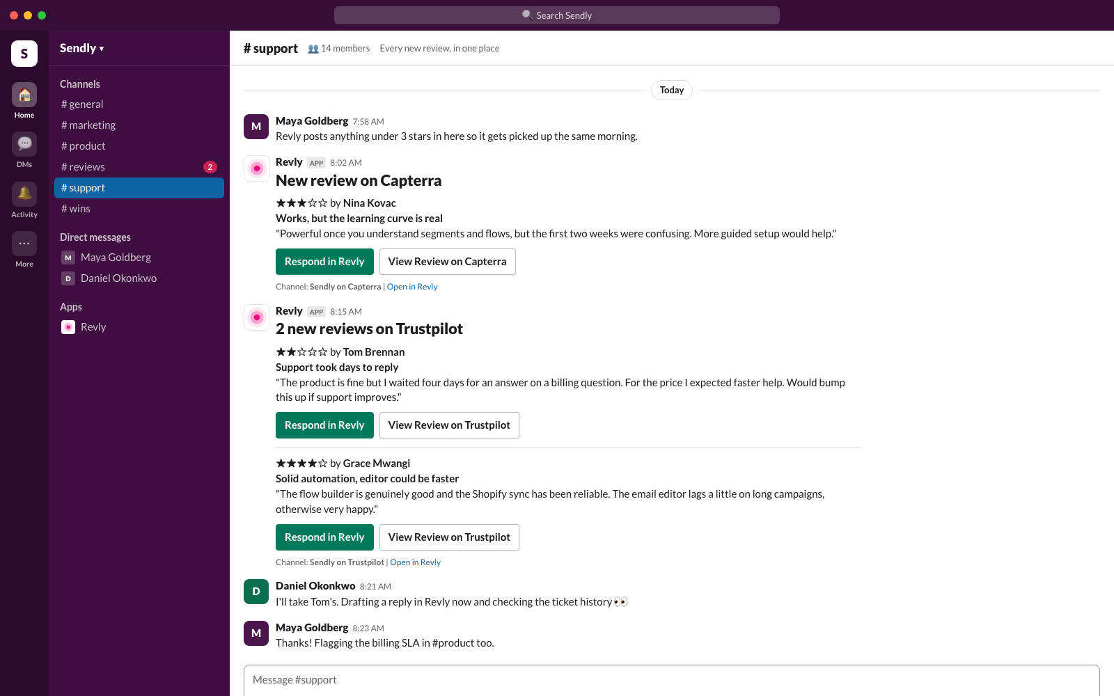 A Revly message in Slack with two new Trustpilot reviews, one two-star and one four-star, and the team discussing who replies