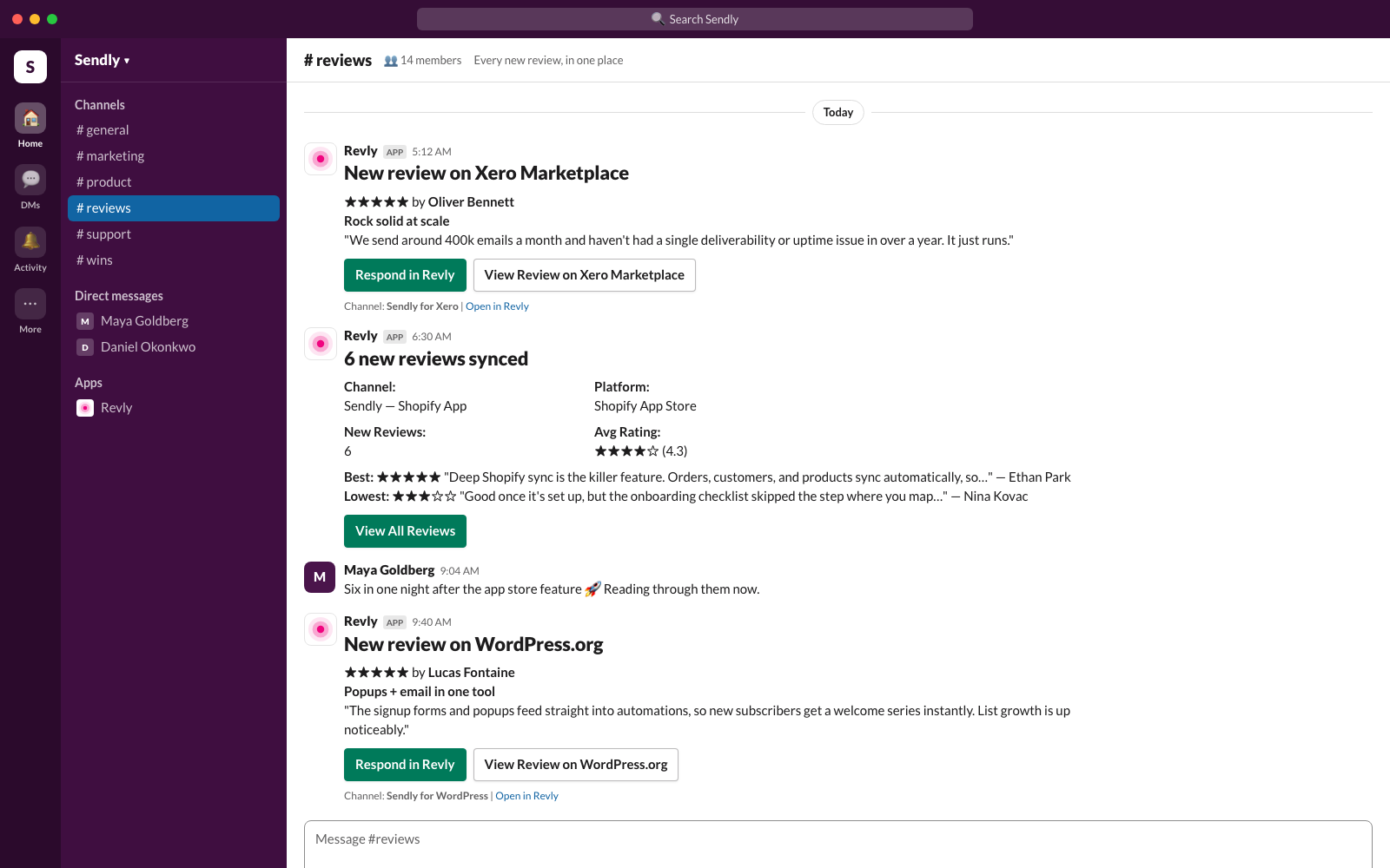 A Revly digest message in Slack summarising six new Shopify App Store reviews with the average rating and the best and lowest review