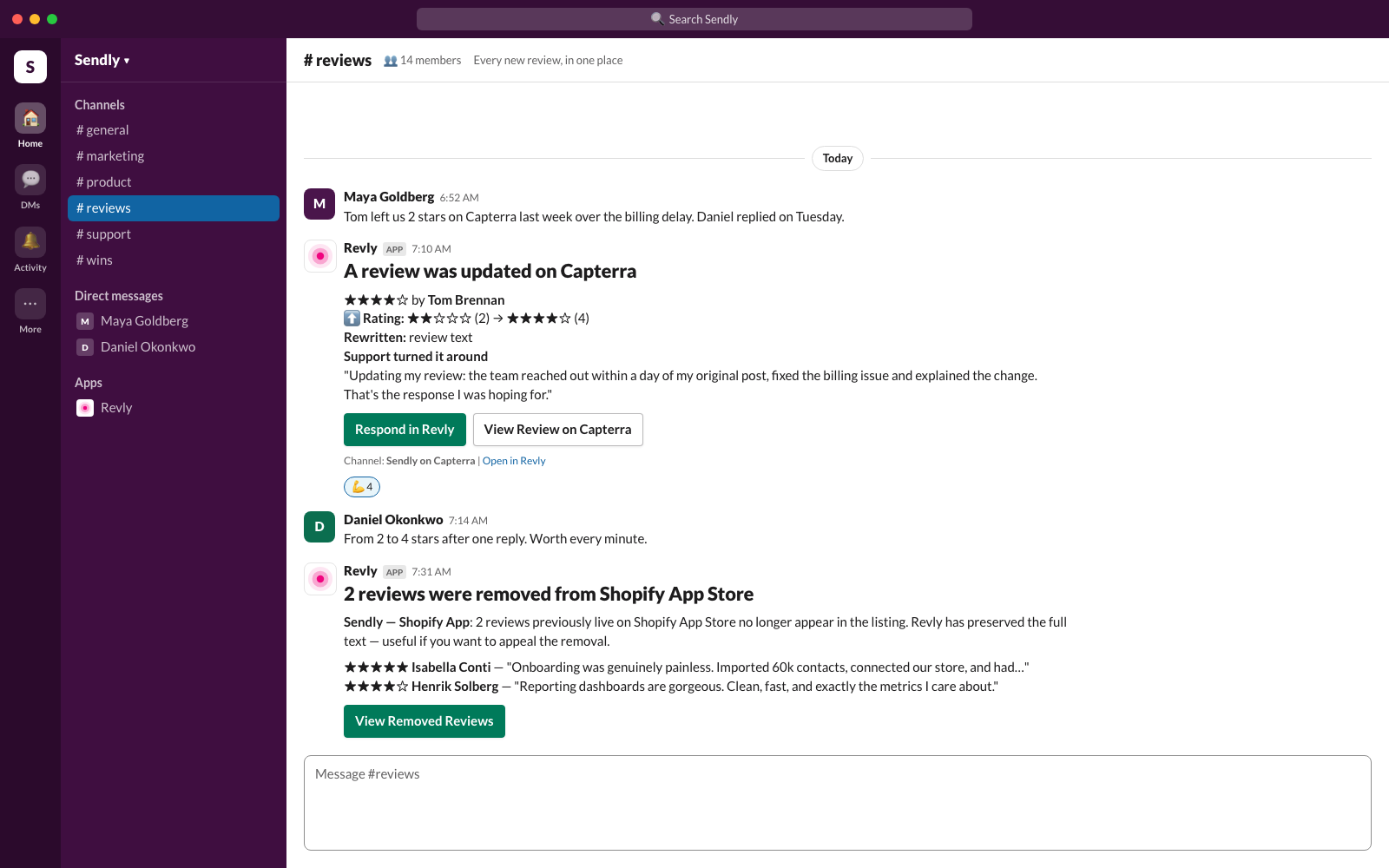 Two Revly messages in Slack: a Capterra review updated from two stars to four, and two reviews removed from the Shopify App Store