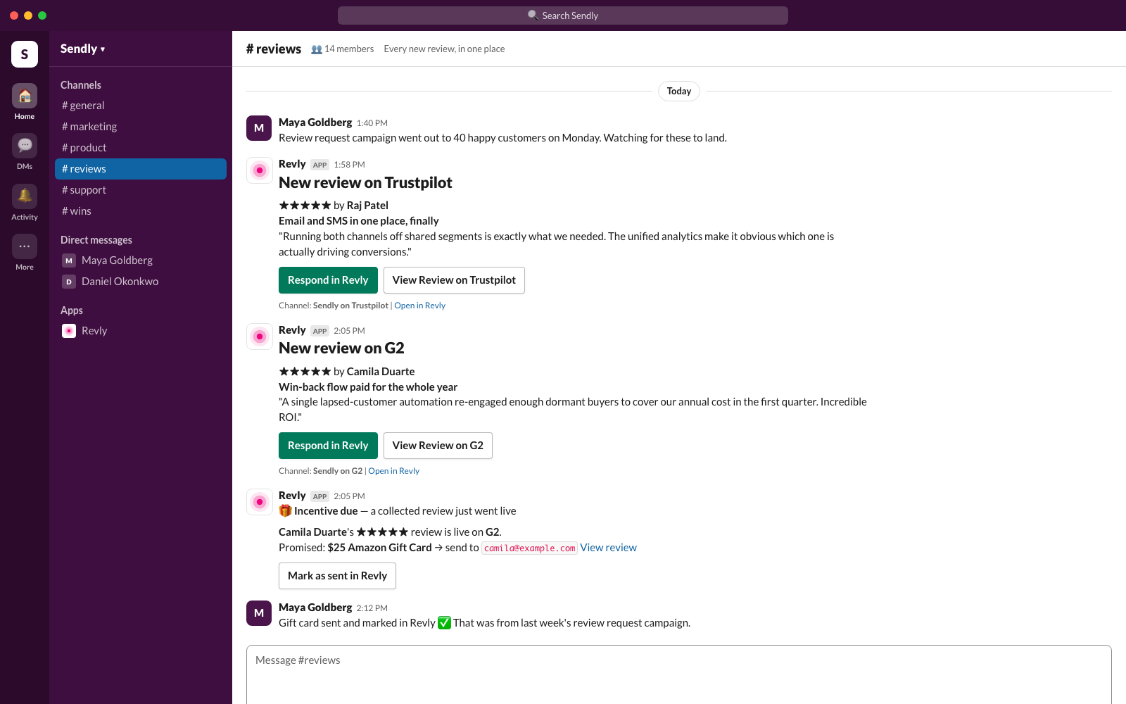 A Revly message in Slack saying an incentive is due because a collected review went live on G2, with a Mark as sent in Revly button